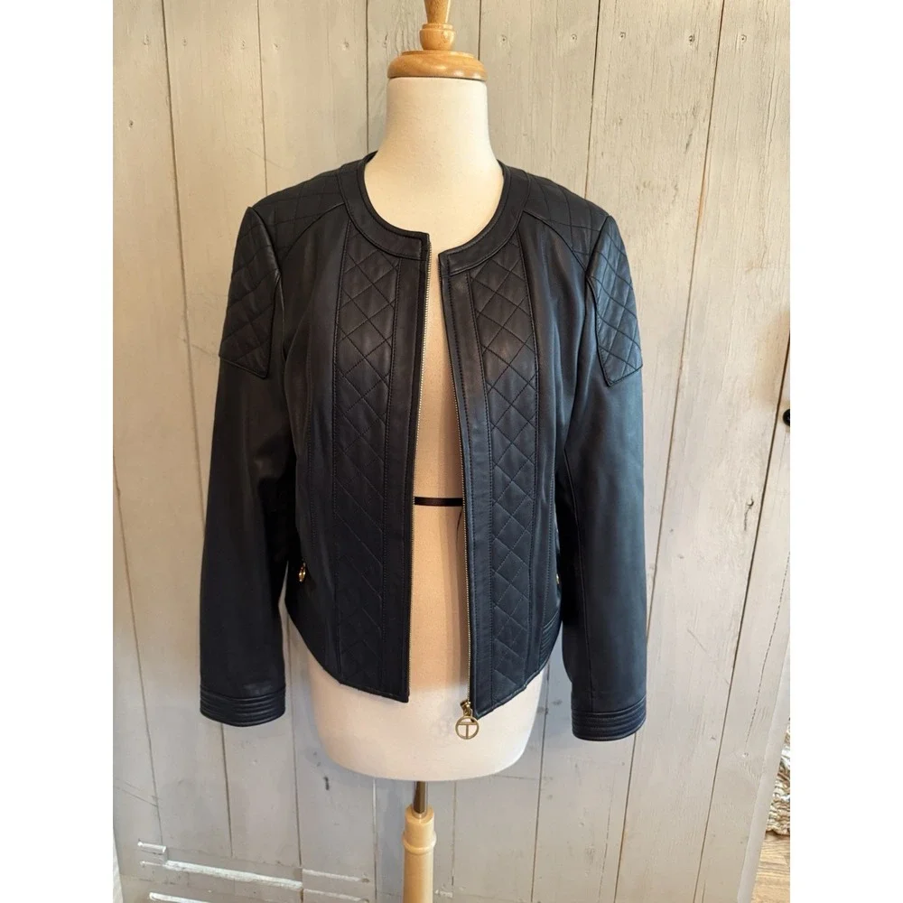 Tory‎ Burch Ryder Leather Jacket Soft Moto Gold Zip Sz-Lg Dark Navy NEW Rt 998$